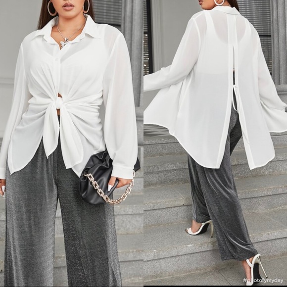 Boho Plus Size Slit Open back Button Shirt Top Blouse Black - Picture 6 of 10